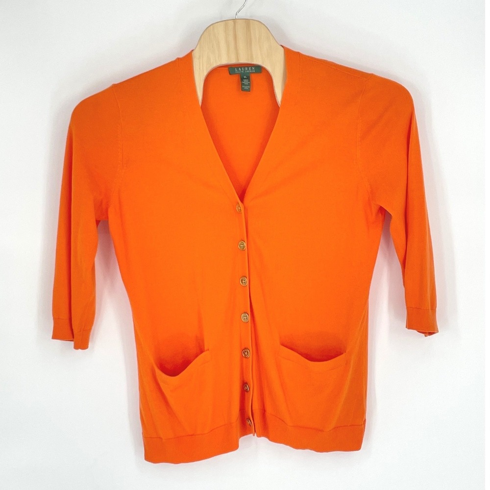 Lauren Ralph Lauren Womens Cardigan XL Sweater Orange 3/4‎ Sleeve Cotton Preppy